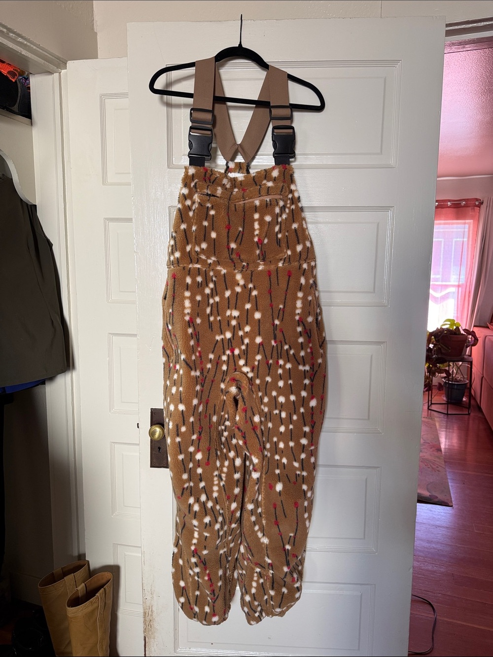 Tan Patterned Fleece Snow Overalls with Adjustable Straps